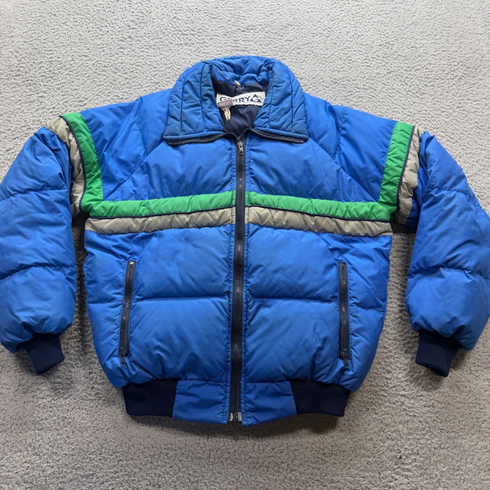Gerry Puffer Jacket Men L Blue Green Stripe Vintage Down Filled Made in USA